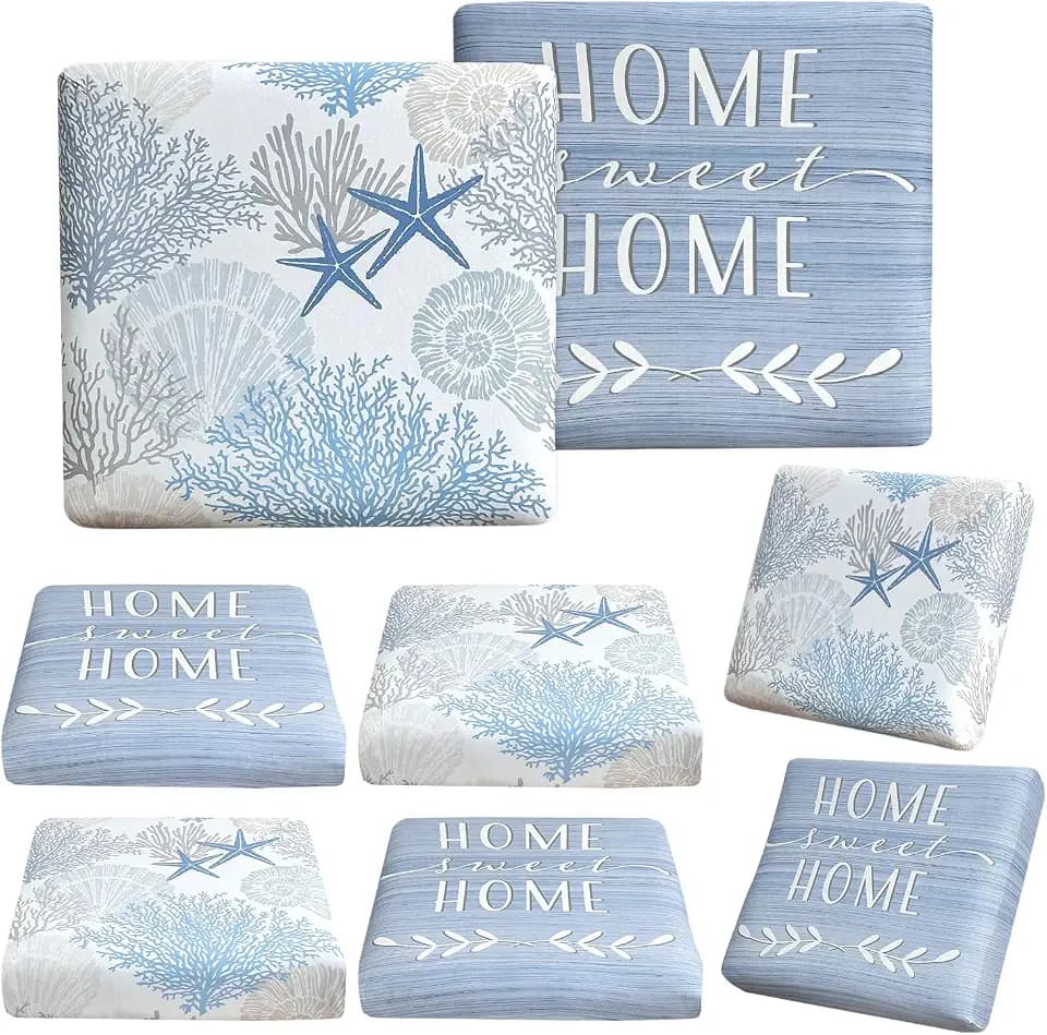 BBSET 8 Pcs Patio Sofa Cushion Cover Blue Sea Outdoor Stretch Sofa Seat Cushions Cover Coastal Beach Replacement Couch Chair Slipcover Flexibility (Sea)