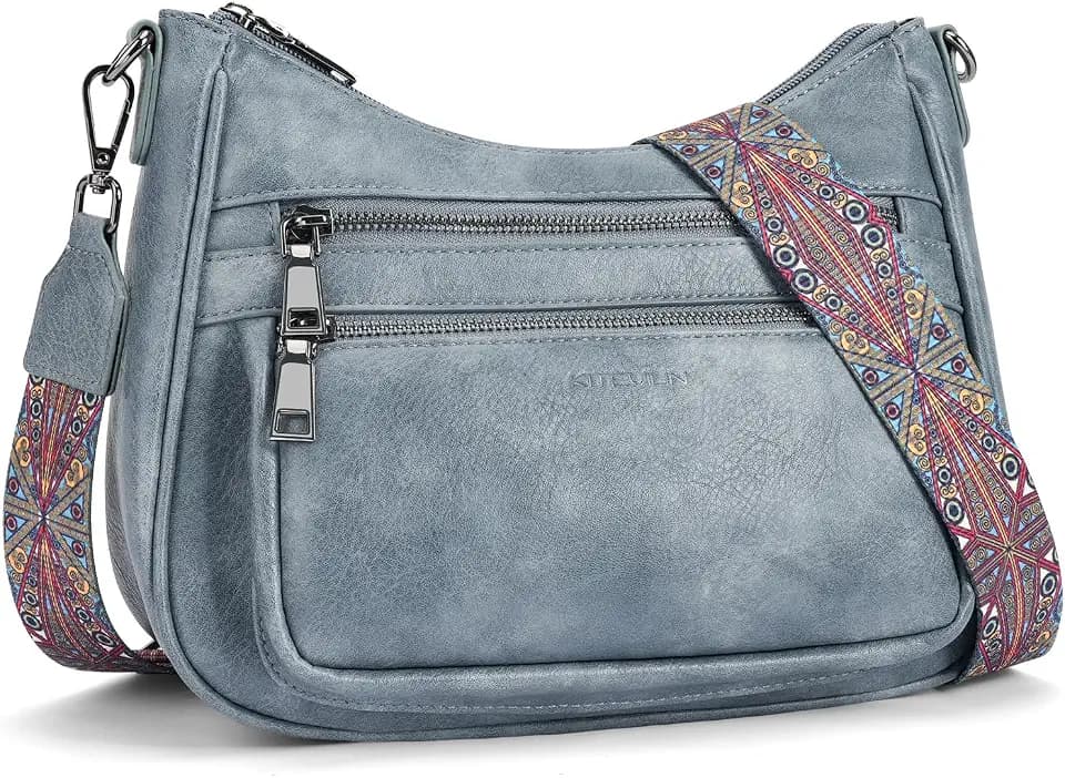 KITEVIUN Crossbody Bags for Women Leather Purse Trendy Multi Pocket Shoulder Handbags with Adjustable Guitar Strap