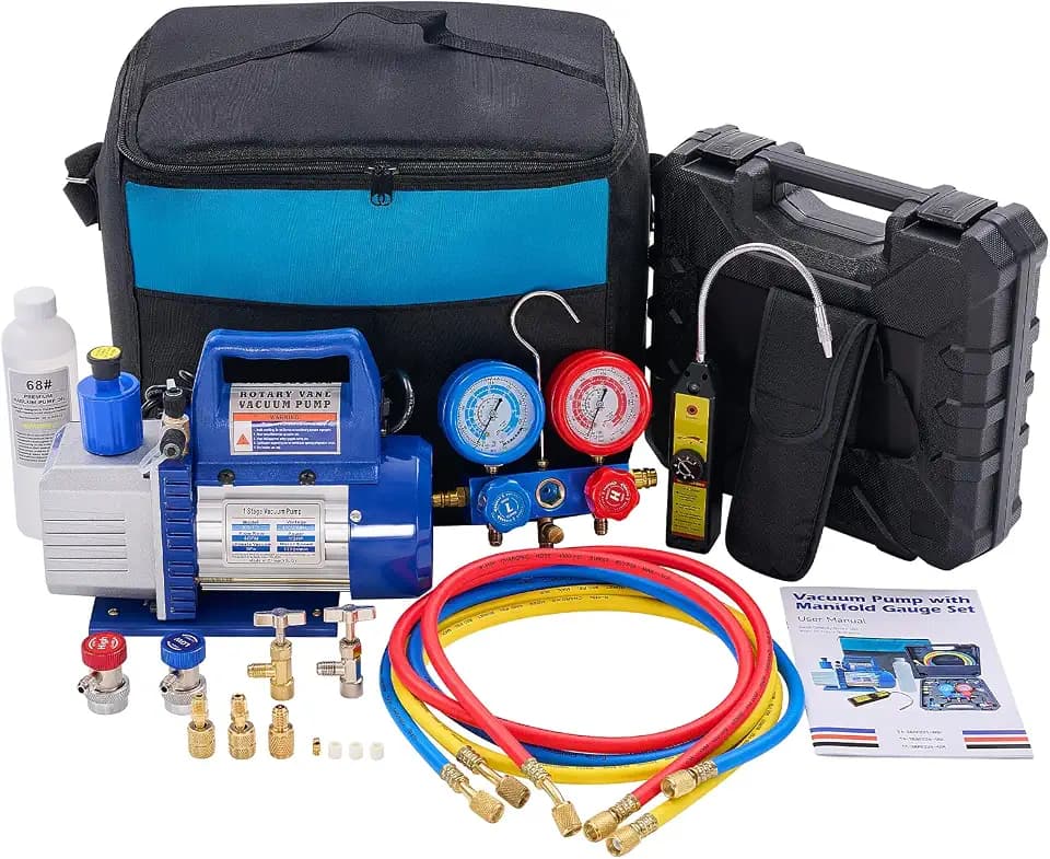 DUMOS AC Vacuum Pump with Leak Detector, R134a Manifold Gauge Set