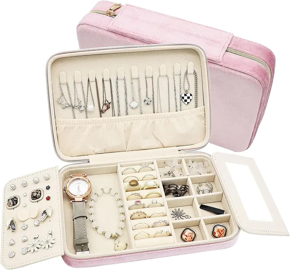 Schmuckkästchen Reise, Schmuckaufbewahrung Reise Samt | großes Schmuckkasten aus Samt, tragbarer kleiner Schmuck-Organizer für Ohrringe, Ringe, Halsketten, Armbänder(Rosa)