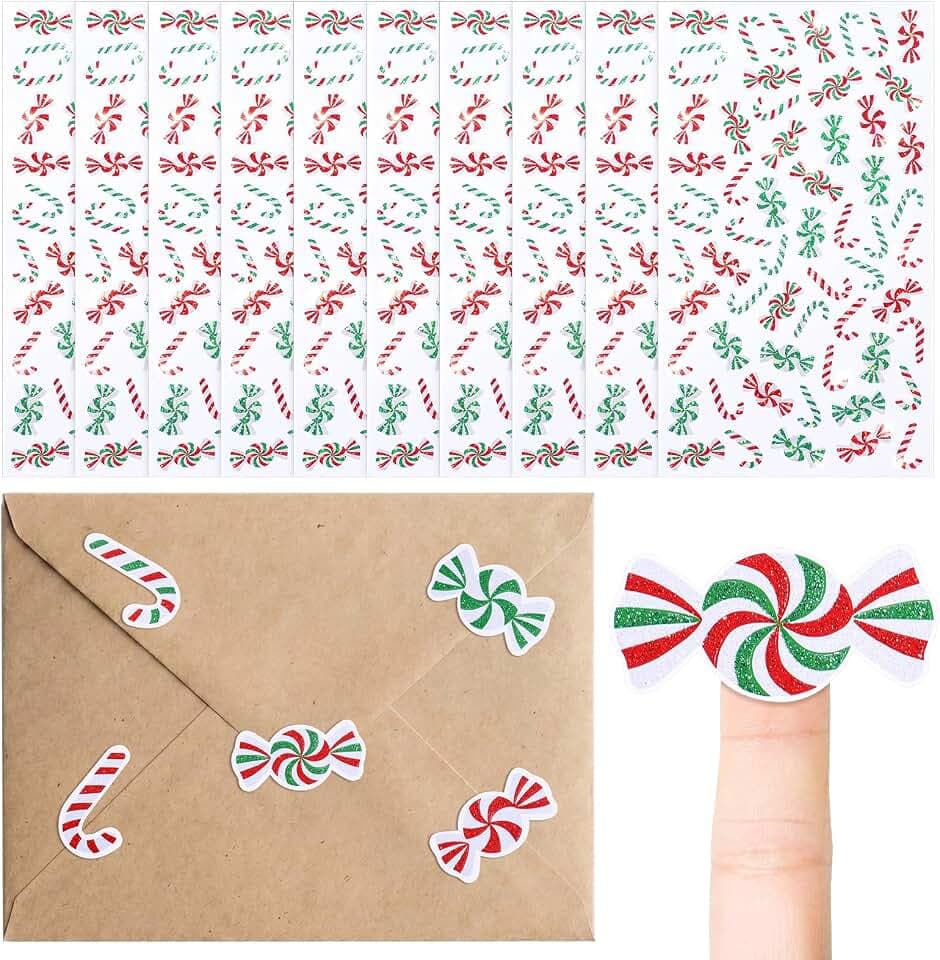 Honoson 600 Pcs Christmas Candy Tiny Glitter Stickers Self Adhesive