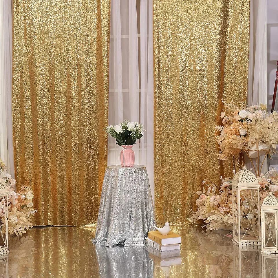 Poise3EHome 2Pcs 3Ft x 8Ft Gold Sequin Backdrop Curtain, Glitter Photography Background, Sequence Xmas Thanksgiving Backdrop for Wedding Party Holiday Festival Decor