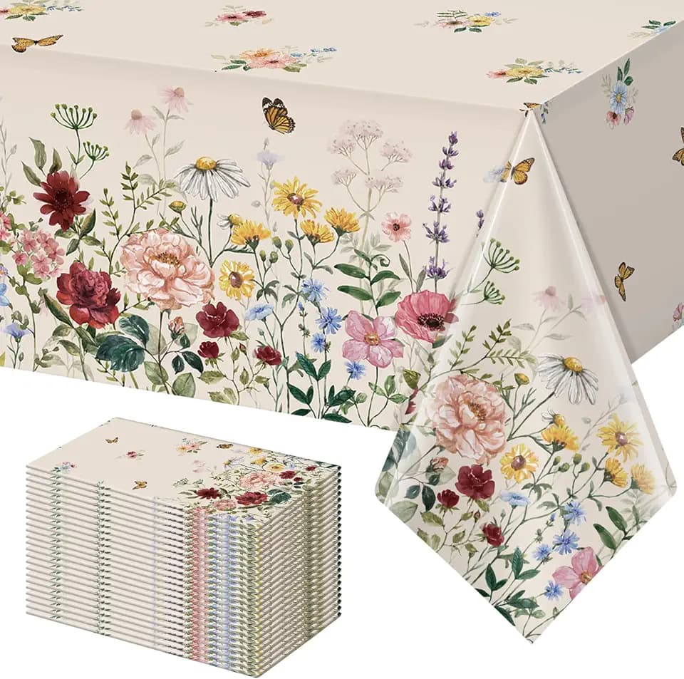 24 Pcs Spring Floral Tablecloth, Butterfly Wildflower Plastic Disposable Tablecloth Rectangle Table Covers for Easter, Birthday, Wedding, Mothers Day Tea Party Supplies and Decorations,54 x 108 Inch