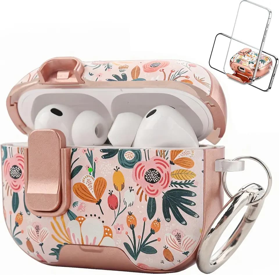 Protective Case Compatible with AirPods Pro 3rd Generation Cute Floral AirPods Pro 3 Case with Lock Pink Berry Flower Shell with Phone Stand Function & Carabiner