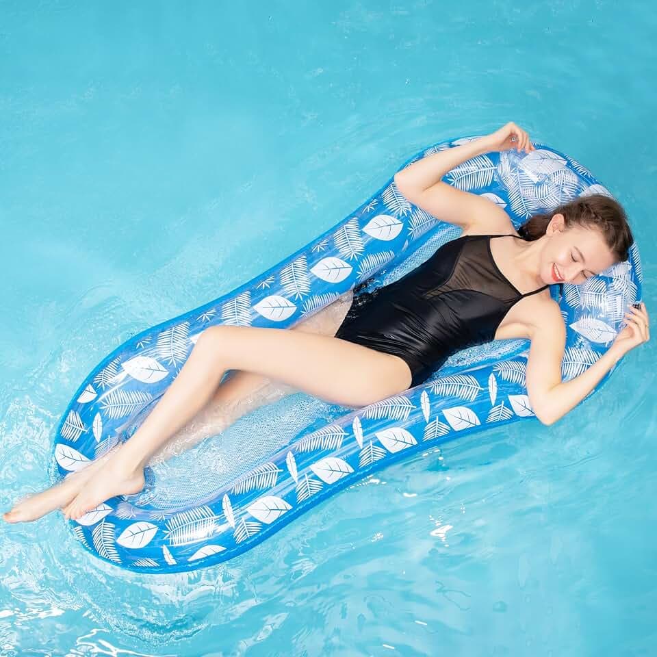 Luftmatratze Pool Hängematte mit Mesh, Aufblasbare Wasserhängematte Luftmatratze mit Netz und Kopfstütze, Aufblasbarer Liege Wasser Bett Floating Lounge Stuhl Schwimmbad Spielzeug