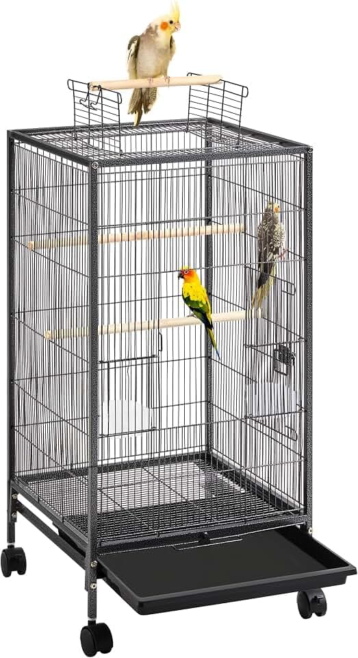 Yaheetech Vogelkäfig auf Fuß, Vogelkäfig aus Metall, mit Rollen, mit abnehmbarem Boden, 45,5 × 45,5 × 100,5 cm