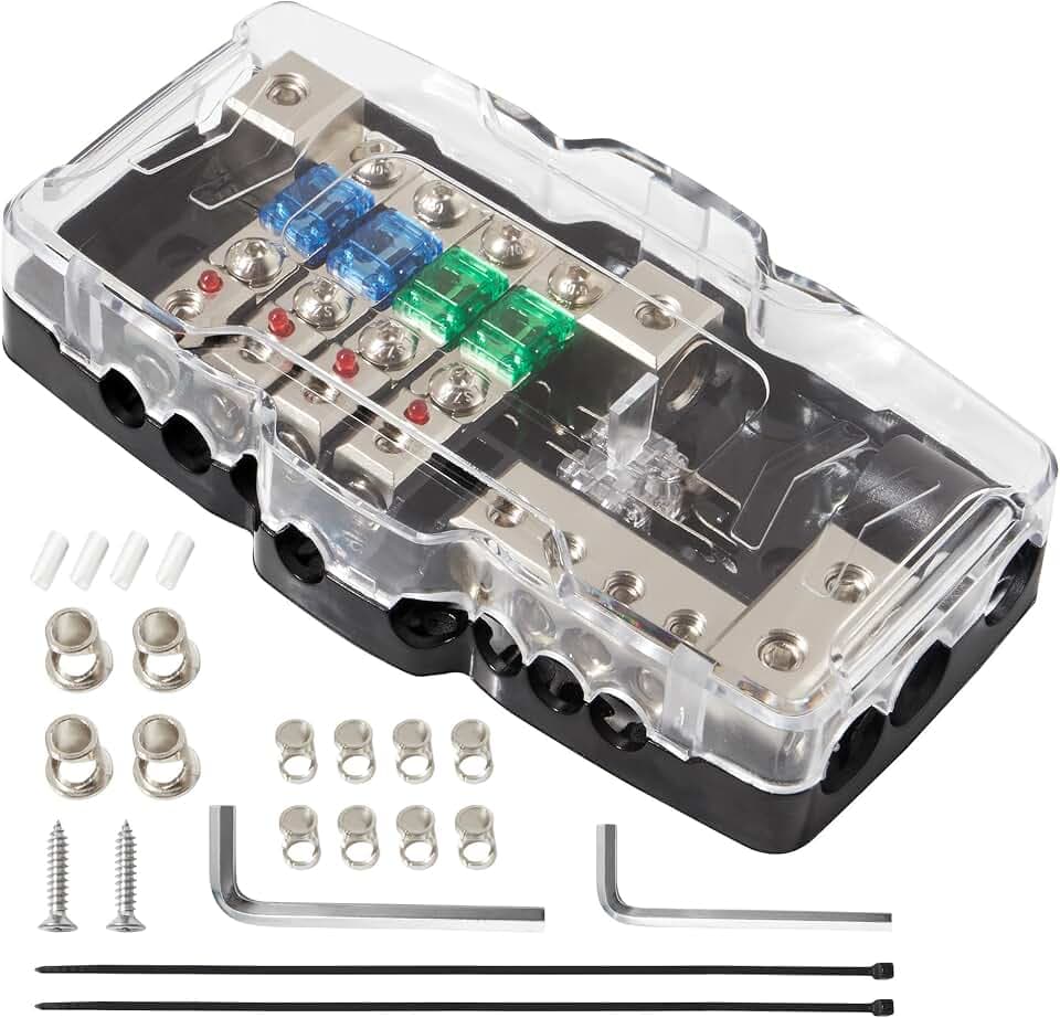 RED WOLF KFZ Verteilerblock Autobatterie Stromverteiler 4-Wege-Sicherungshalter für Auto Wohnmobil LKW Boot Marine Radio Audio Stromverteilerblock Abgesichert