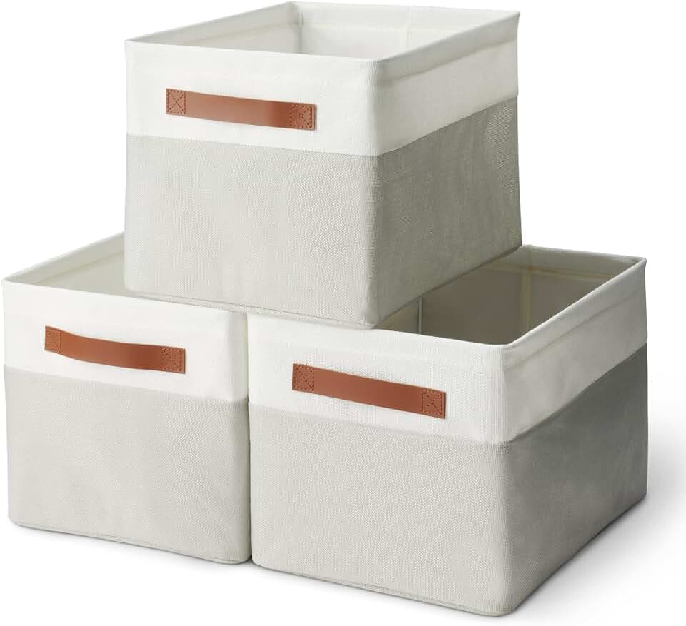 Amazon Basics Collapsible Storage Bins with Faux Leather Handles, Foldable Organizing Containers for Closet, Clothes, Toys, Linen, Large, 3-Pack