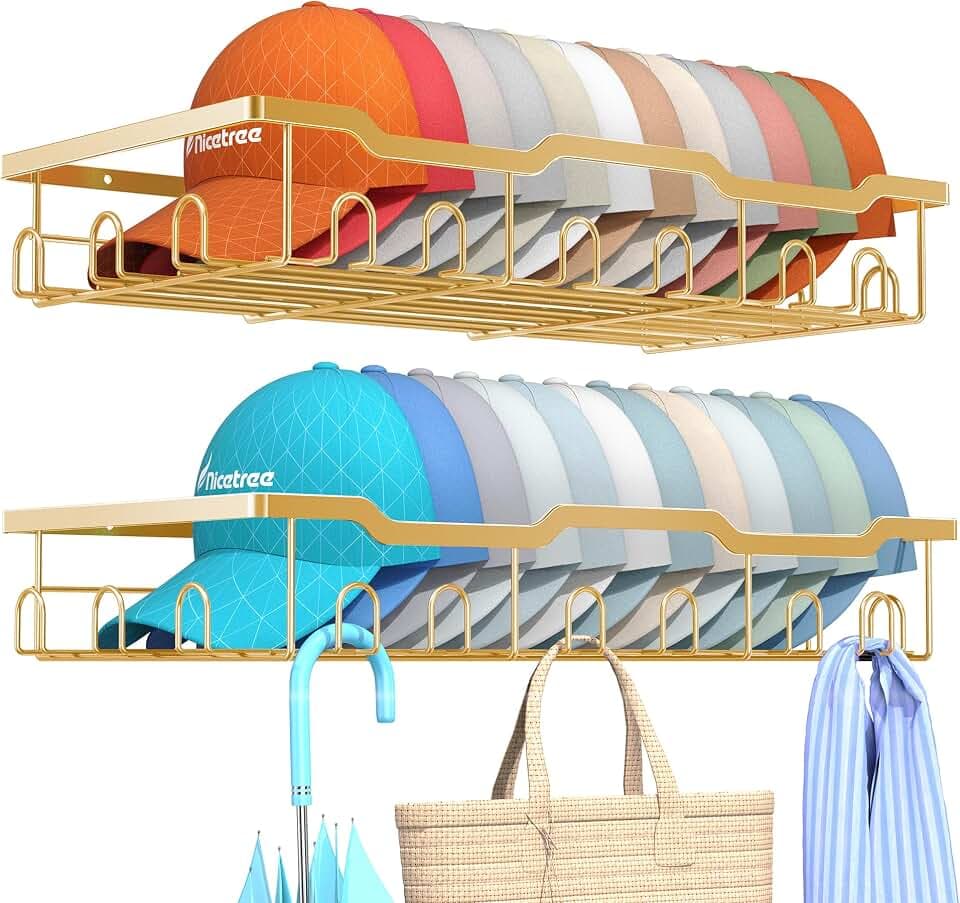 Nicetree Hat Racks for Baseball Caps Wall - Metal Hat Organizer for 48 Baseball Caps Holder, 2 Pack Hat Storage Organizer for Closet, Bedroom, Living Room