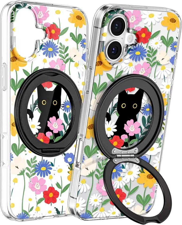 Loheckle Clear Case for iPhone 17 with Stand, Cat Flower