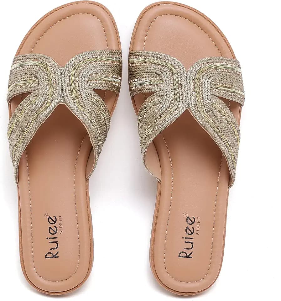 Ruiee Women's Wide Width Flat Slide Sandals.