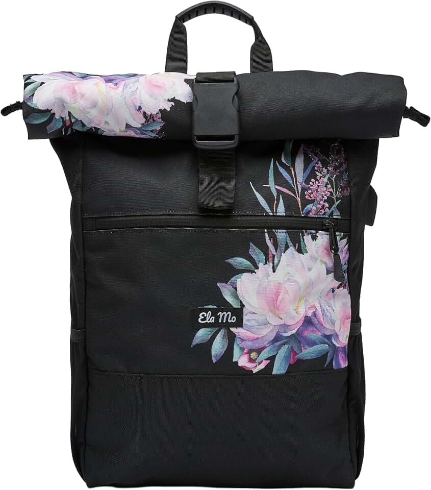 Ela Mo® Rolltop Rucksack Damen - Rollrucksack Anti Diebstahl für Sport & Reisen - Laptoprucksack für Schule, Uni, Business - Mit USB Anschluss & kompaktem Flaschenhalter - Beauty in Darkness