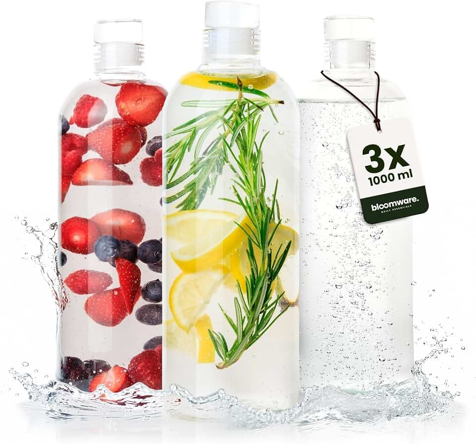 Glasflaschen Set [3x 1000 ml] – Wasserflasche 1 Liter aus Glas für Wasser, Saft & Smoothies – Trinkflasche Glas | Glasflaschen zum Befüllen aus Borosilikatglas – mit Glasstöpsel