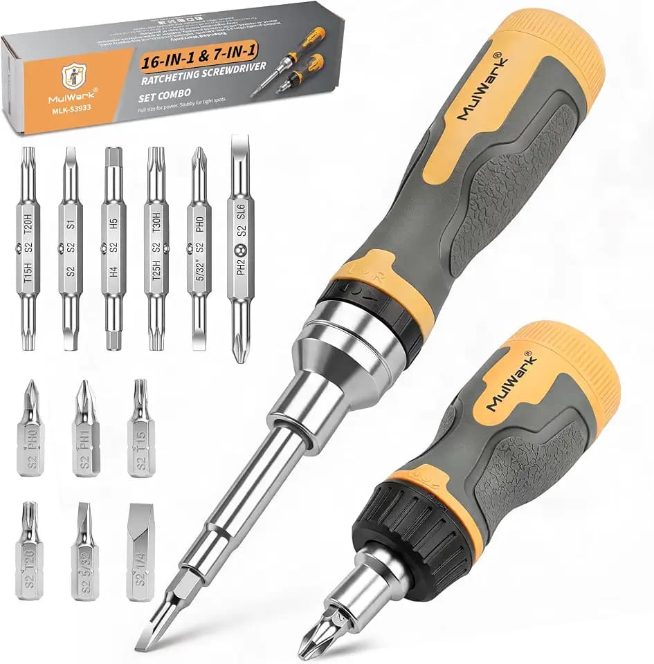 MulWark 2-Piece Ratcheting Screwdriver Set, 16-in-1 Standard & 7-in-1 Stubby, Premium S2 Steel Phillips Torx Slotted Bits, 3-Position Ratchet & Dual Lock, Tool for Professionals & DIY