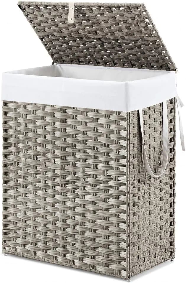 NEWBULIG Laundry Hamper with Lid, 23.8 Gallon (90L) Wicker Clothes Basket, Double Clothes Basket Organizer for Bedroom, Bathroom & Laundry Room, Grey