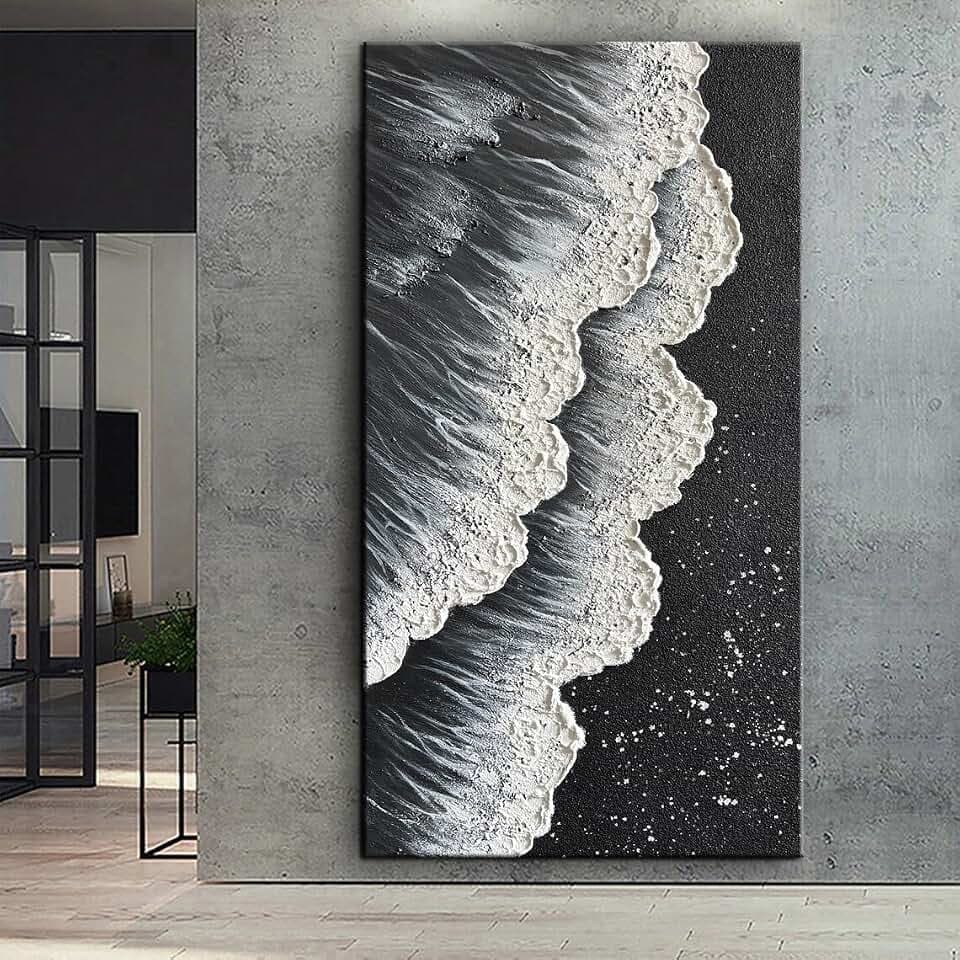 YaSheng Art - Oil Painting on Canvas Texture Black and White Ocean scenery sandbeach 3D Oil Painting Hand-Painted Abstract Artwork Paintings Modern Home Decor Living room sofa bedroom dining room hanging pictures Canvas Wall Art 24x48inch