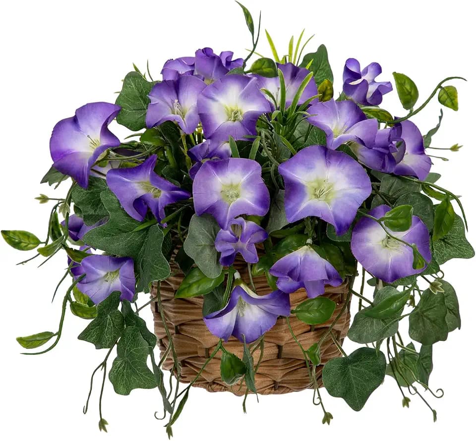 Briful Faux Floral Centerpieces with Rattan Basket Artificial Potted Morning Glory Silk Flowers Fake Flower Arrangement for Home Office Dining Room Table Wedding Party Decor(Purple)