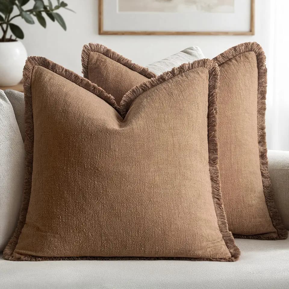 MIULEE Boho Linen Fringe Decorative Fall Throw Pillow Covers Brown 18x18