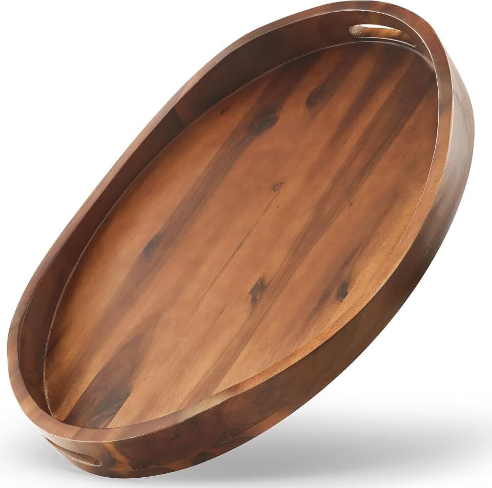 TIDITA Acacia Oval Wooden Serving Tray with Handle, 20"x15", Walnut Color