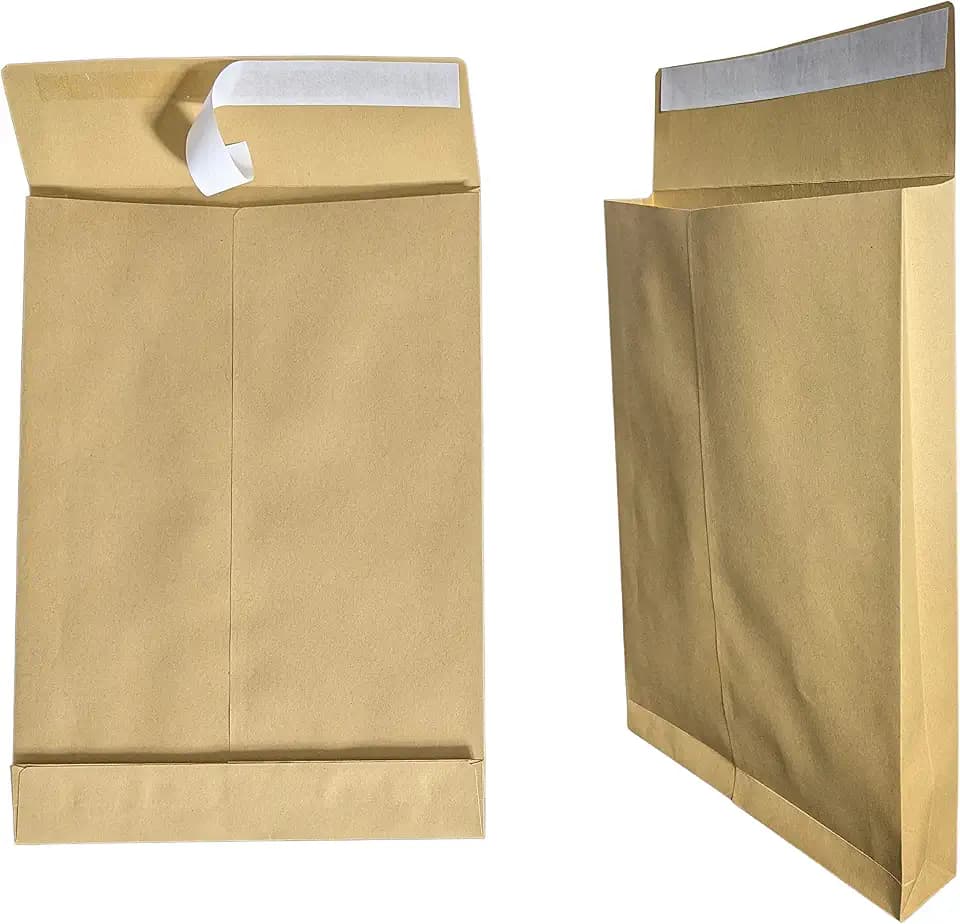 50x mybuy-24 Faltentaschen B4 A4 braun, 250x353mm, 4cm Falte Stehboden, selbstklebend mit Abziehstreifen, 130 g/qm, Faltenversandtaschen Musterbeutel