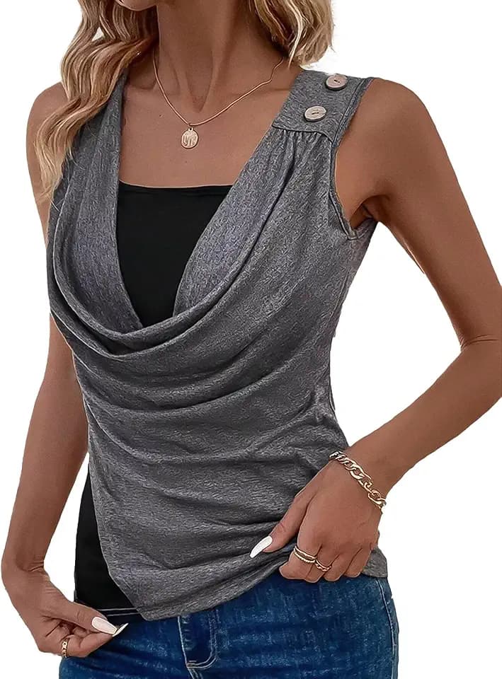 Flamingals Women's Two Tone Cowl Neck Ruched 2-in-1 Tank Top Gray XL