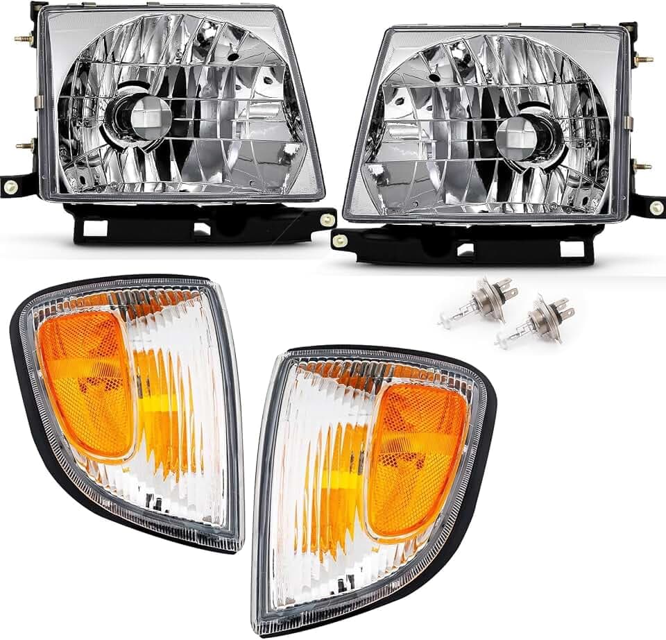 4Pcs Chrome Headlights + Parking Lights Corner Lamps Assembly Fits 1997 1998 1999 2000 Toyota Tacoma Halogen Head Lights, Clear Lens Lights Replace# TO2503120, TO2502120, TO2521154, TO2520154