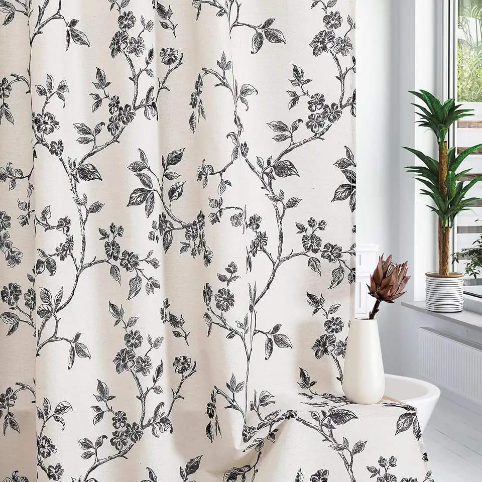 MitoVilla Black Cotton Floral Shower Curtain for Bathroom, 72 x 72