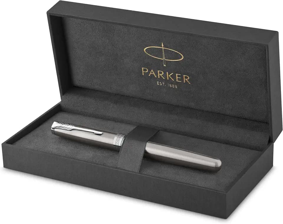 Parker Sonnet Tintenroller | Edelstahl mit Palladiumzierteilen | feine Spitze | Schwarze Tinte | Geschenkbox