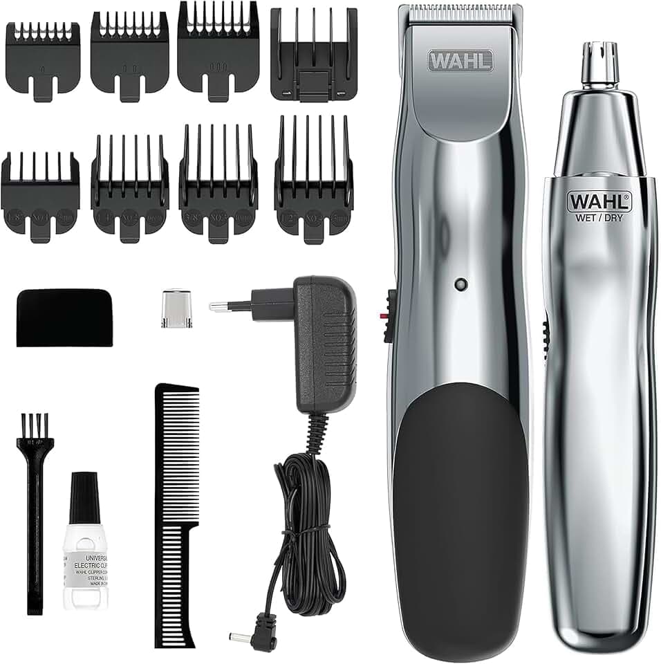 Wahl Groomsman Akku-Set mit Bart- und Nasenhaarschneider, Präzisionstrimmer | Selbstschärfende Klingen, 14 Schnittlängen, wiederaufladbarer Trimmer, abspülbare Klingen, Nasen-/Ohrtrimmer, Akku-Trimmer