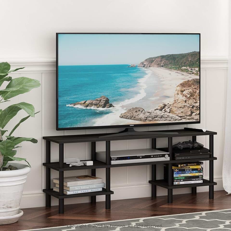 Furinno Turn-N-Tube Toolless Assembly TV Stand for TV up to 55 Inch, 3-Tier Entertainment Center with Storage Shelf, TV Console, for Living Room, Bedroom, Black Espresso