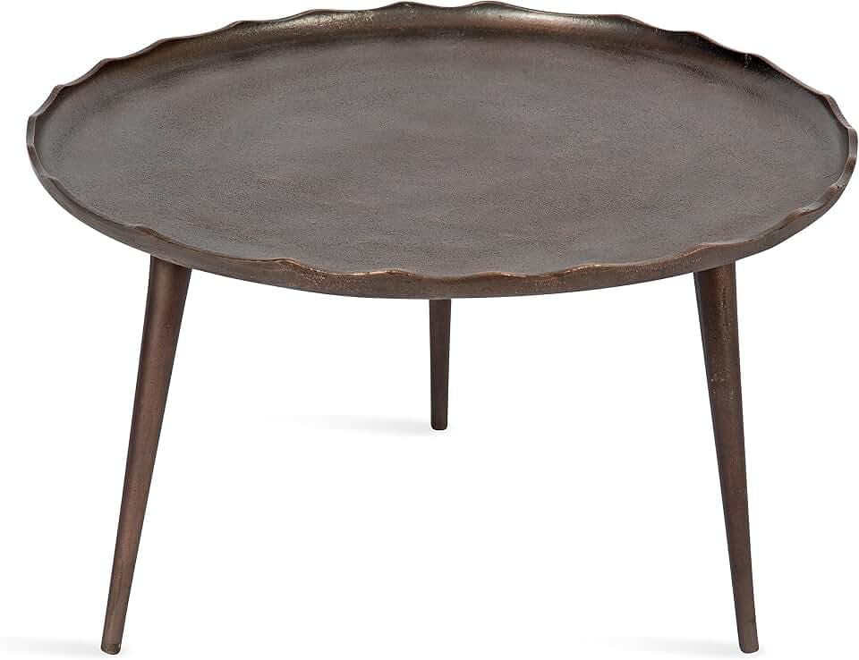 Kate and Laurel Alessia Modern Round Metal Coffee Table; 26 x 26 x 16; Bronze; Sand Cast Aluminum Coffee Table with Raised Deckled Edge for Storage and Display