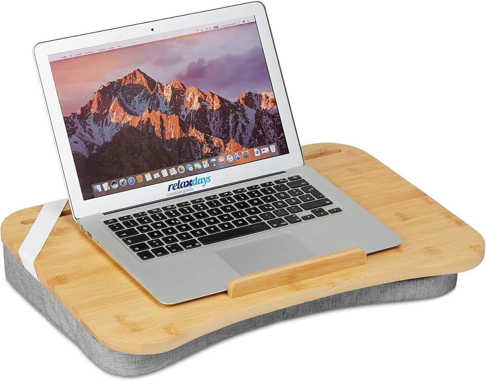 Relaxdays Laptopkissen, Bambus, Memory Foam Kissen, BxT: 51 x 36 cm, Tragegriff, Kissentablett Bett & Sofa, Natur/grau