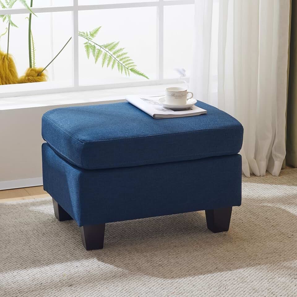 Christopher Knight Home Ottoman Foot Stool,Rectangular Fabric Upholstered Ottoman,Modern Side Table for Living Room Bedroom, Birch Wood Legs,Navy Blue