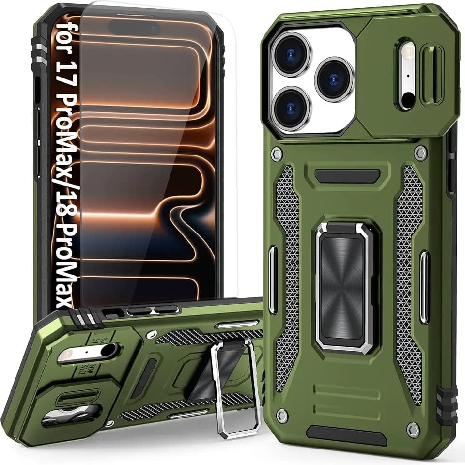 Olive Green Phone Case Compatible with i Phone 17 Pro Max & i Phone 18 Pro Max Case with Camera Lens Cover & HD Screen Protector, with Ring Holder Kickstand, fit Magnet Car Mount
