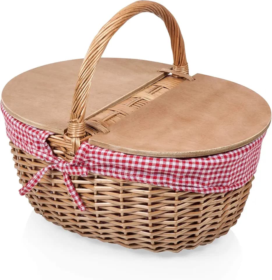 PICNIC TIME Country Picnic Basket, Sturdy Woven Wicker Basket with Customizable Split-lid Design and Removable and Washable Polycotton Vintage-Style Liner, (Red & White Gingham Pattern)