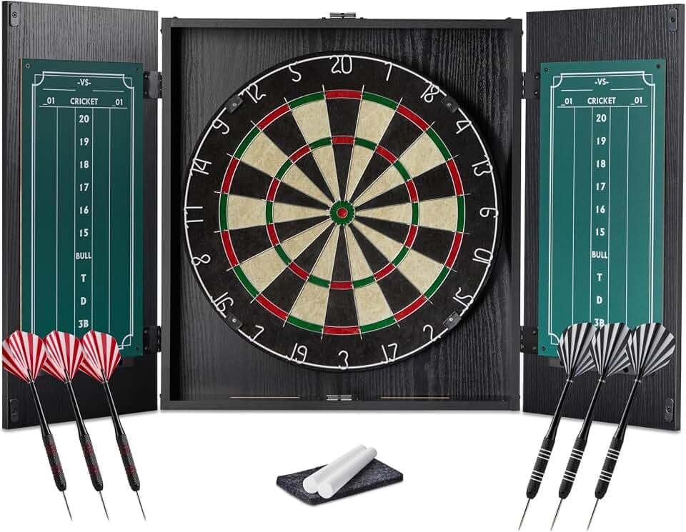 Amazon Basics Dartboard Cabinet Set for Adult, 18" Regulation Size with 6 Steel Tip Darts, Chalkboard Scoring & Built-in Storage, for Game Room, Home, Man Cave & Bar, Black