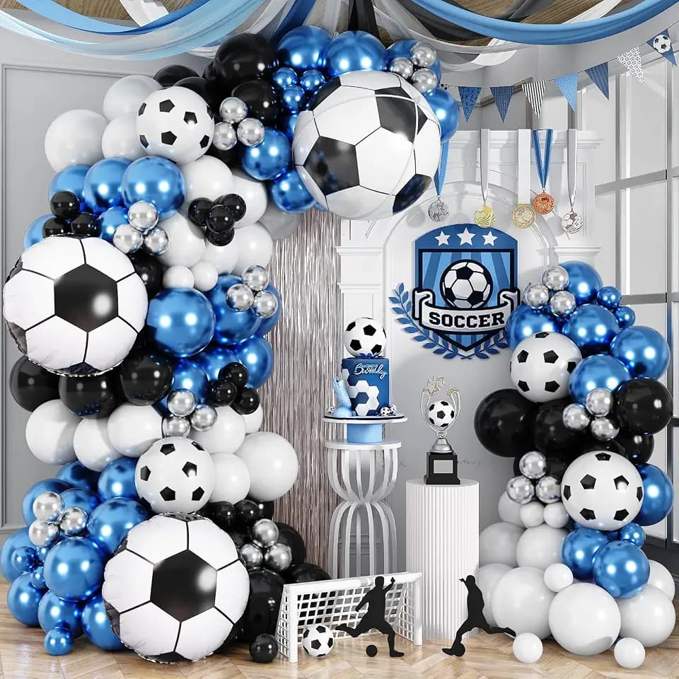 Soccer Balloon Garland Arch Kit Black Metallic Blue Silver Balloons Arch 22/18 Soccer Ball 4D Foil Balloons Print Balloon for Boys Football Lover Sport Theme Club Birthday Party Decorations