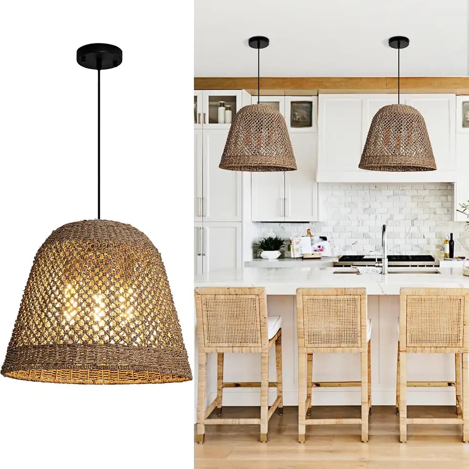 Large Rattan Pendant Light, 18.5" 3-Light Handmade Woven Boho Farmhouse Chandelier, Ideal for Kitchen Island, Dining Room, Living Room, Bedroom & Breakfast Nook