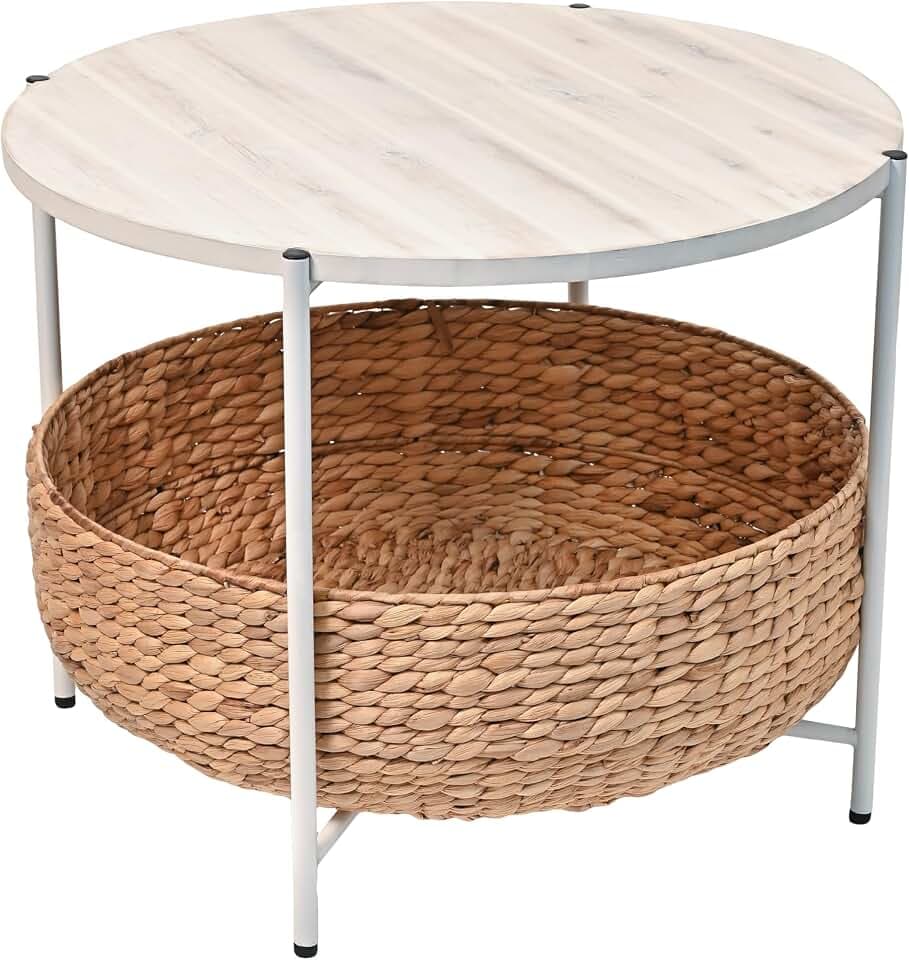 happimess Carly Round Acacia Coffee Table 24.21" Storage, Natural/White