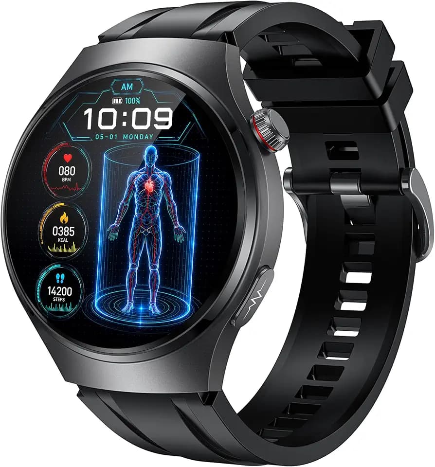 Smartwatch Herren EKG+𝐇𝐑𝐕 Blutdruck Herzfrequenz: Smart Watches Uhr Schwarz 1,43" Rund AMOLED Gesundheitsuhr 𝐄𝐂𝐆 Armbanduhr Wasserdicht Schrittzähler Telefonfunktion Fitnessuhr Uhren Android iOS