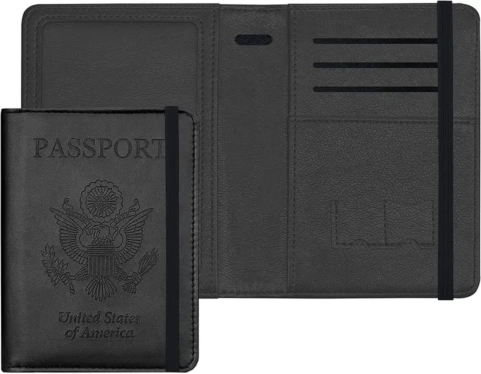 Passport and Vaccine Card Holder Combo - PU Leather Passport Holder with CDC Vaccine Card Slot, Credit Card Slots, Pen Slot, Passport Cover with RFID Blocking, Passport Wallet Women Men