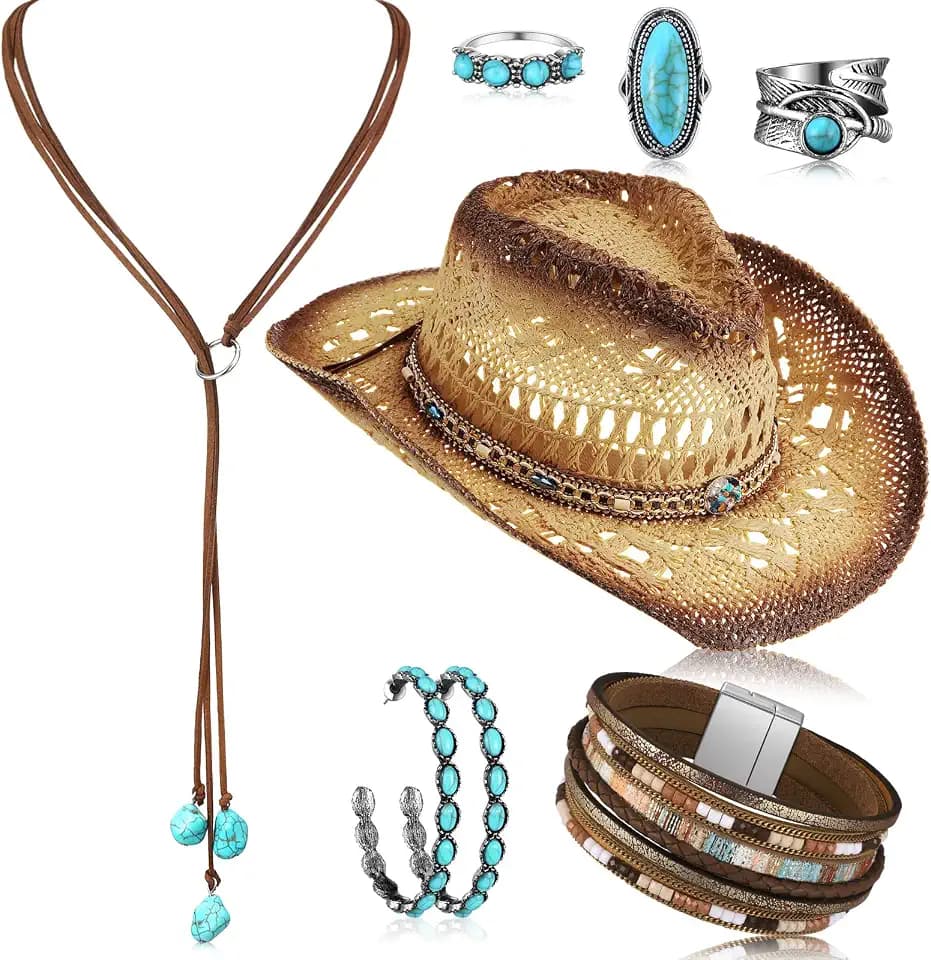 Ecally 7 Pcs Western Jewelry Set Bohemian Turquoise Straw Cowboy Hat Boho Necklace Bracelet Ring Pendant Earrings for Women(Boho)