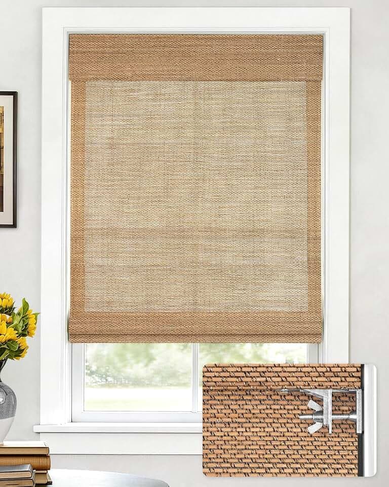 LazBlinds No Drill Bamboo Roman Shades, 26" W x 64" H, Star-Brown