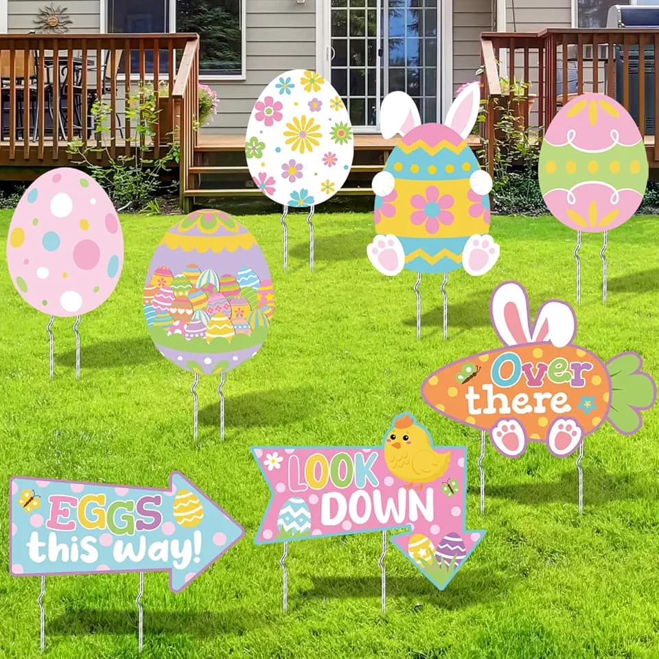 DoubleFill 8 Pcs Easter Yard Signs Eggs Outdoor Sidewalk Bunny Corrugated Plastic Signs with Stakes Weather Resistant and Reusable Material Waterproof Lawn decor for Pathway Walkway