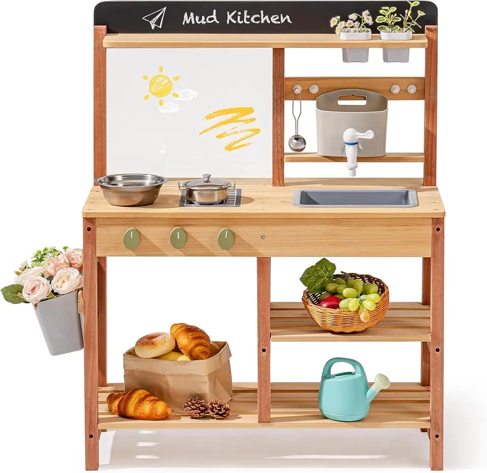 ROBOTIME Mud Kitchen for Kids Outdoor Wooden Kitchen Playset with Water Sink Storage Faucet Planting Pots Cooking Accessories Gift for Boys & Girls Educational Outdoor Toy Ages 3+