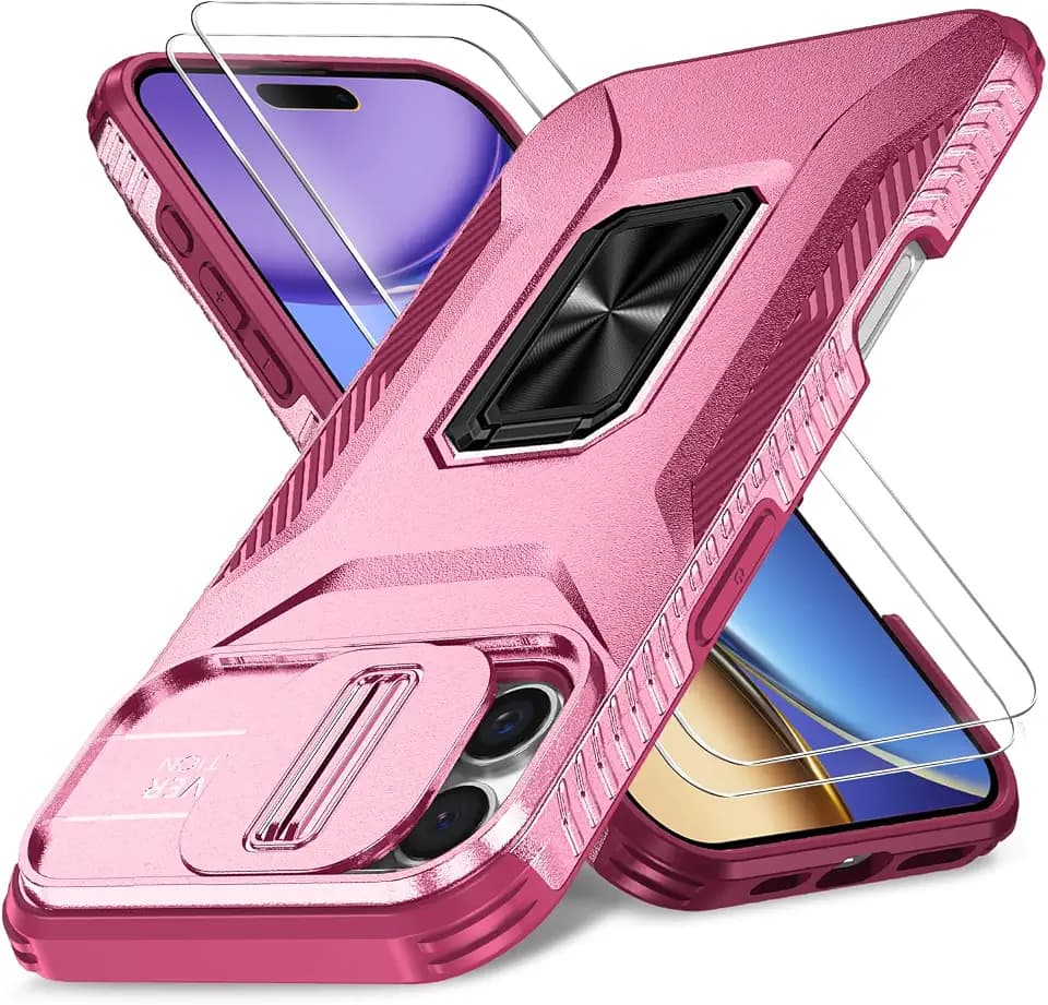 Case for iPhone 16 Pro with Slide Camera Cover+Screen Protector(2 Packs), Military Grade Shockproof Protective Cover, Rotated Ring Kickstand(A - Pink+Red)