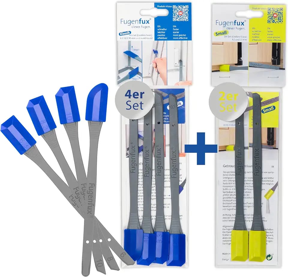 FUGENFUX® Kombi Meister-Set: Klassik 4er + Small – Spezial-Fugenabzieher – Fugenglätter für jede Größe – Fugenabzieher mit Revolutionärer Zauber-Spitze für Extrem Enge Stelle – Made in Germany