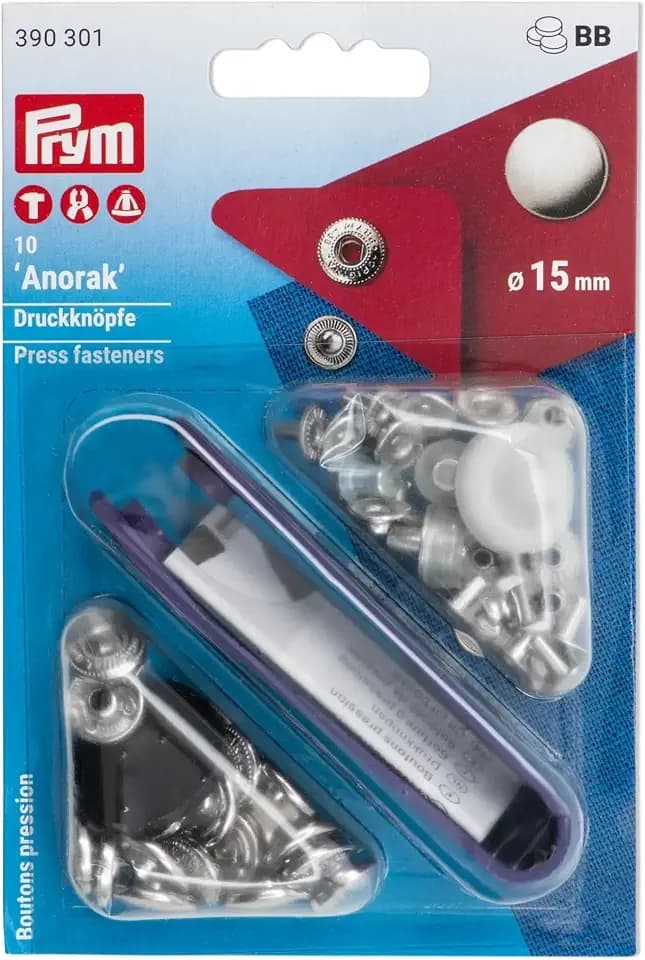 Prym No-Sew Snap Press Fasteners with Tool for Anoraks and Parkas, 1.5cm (15mm), Silver, 10 pcs