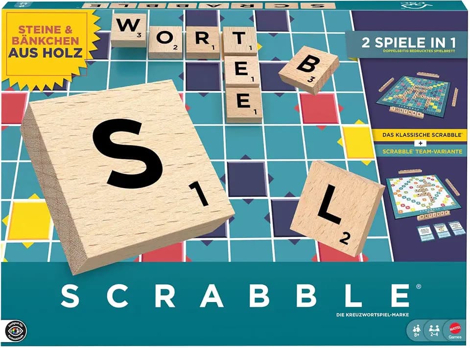Mattel Games Scrabble-Brettspiel mit Holzsteinen, deutsche Ausgabe