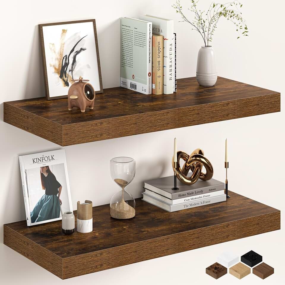 30Inch Floating Shelves for Wall, 12 Inch Deep Shelves for Bedroom, Kitchen, Bathroom Wall Mounted, Rustic Wood Floating Shelf with Invisible Brackets for Books, Storage, Decor, Rustic Brown, 2 Packs